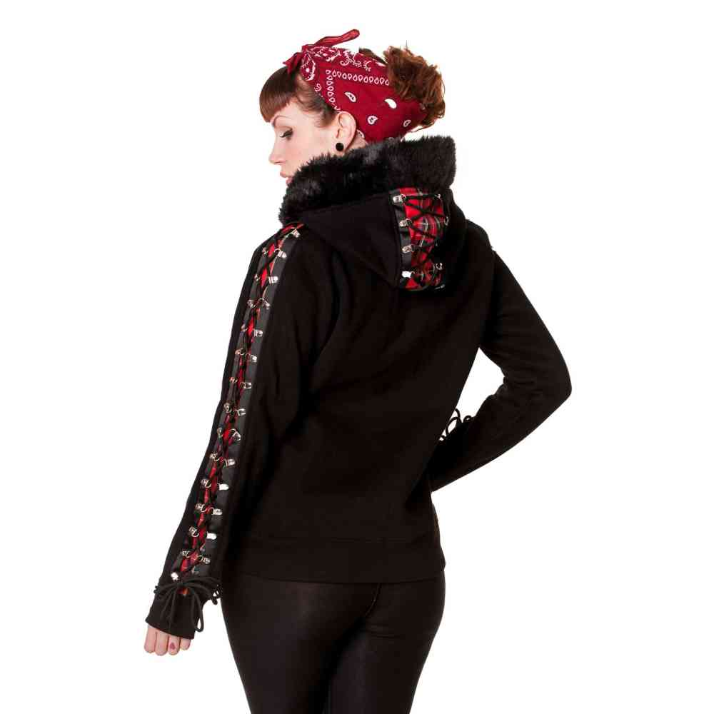 Banned - Tartan Corset Vest met capuchon - Zwart/Rood